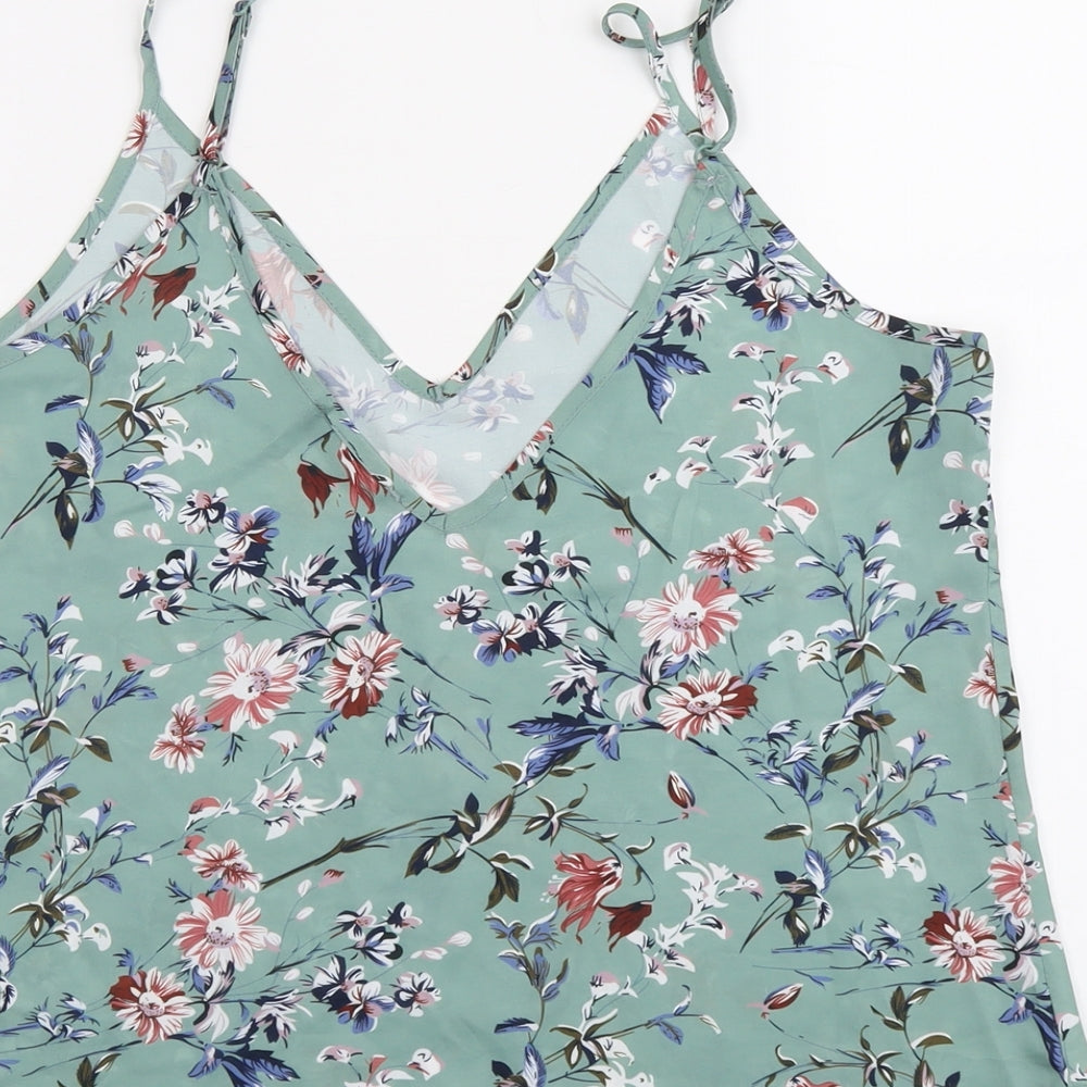 SheIn Womens Green Floral Polyester Basic Tank Size M V-Neck