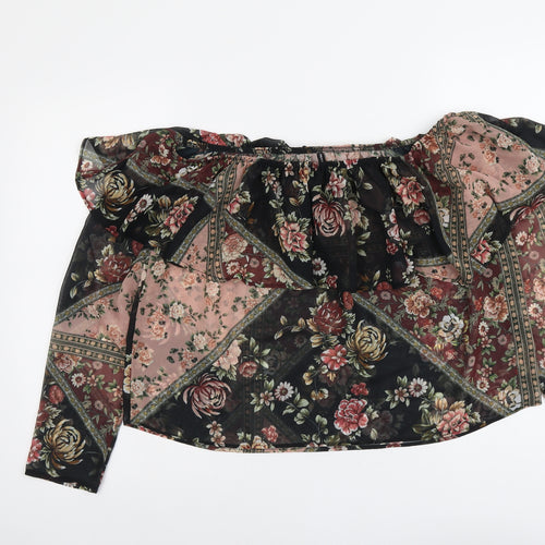 Stradivarius Womens Black Floral Polyester Basic Blouse Size L Off the Shoulder