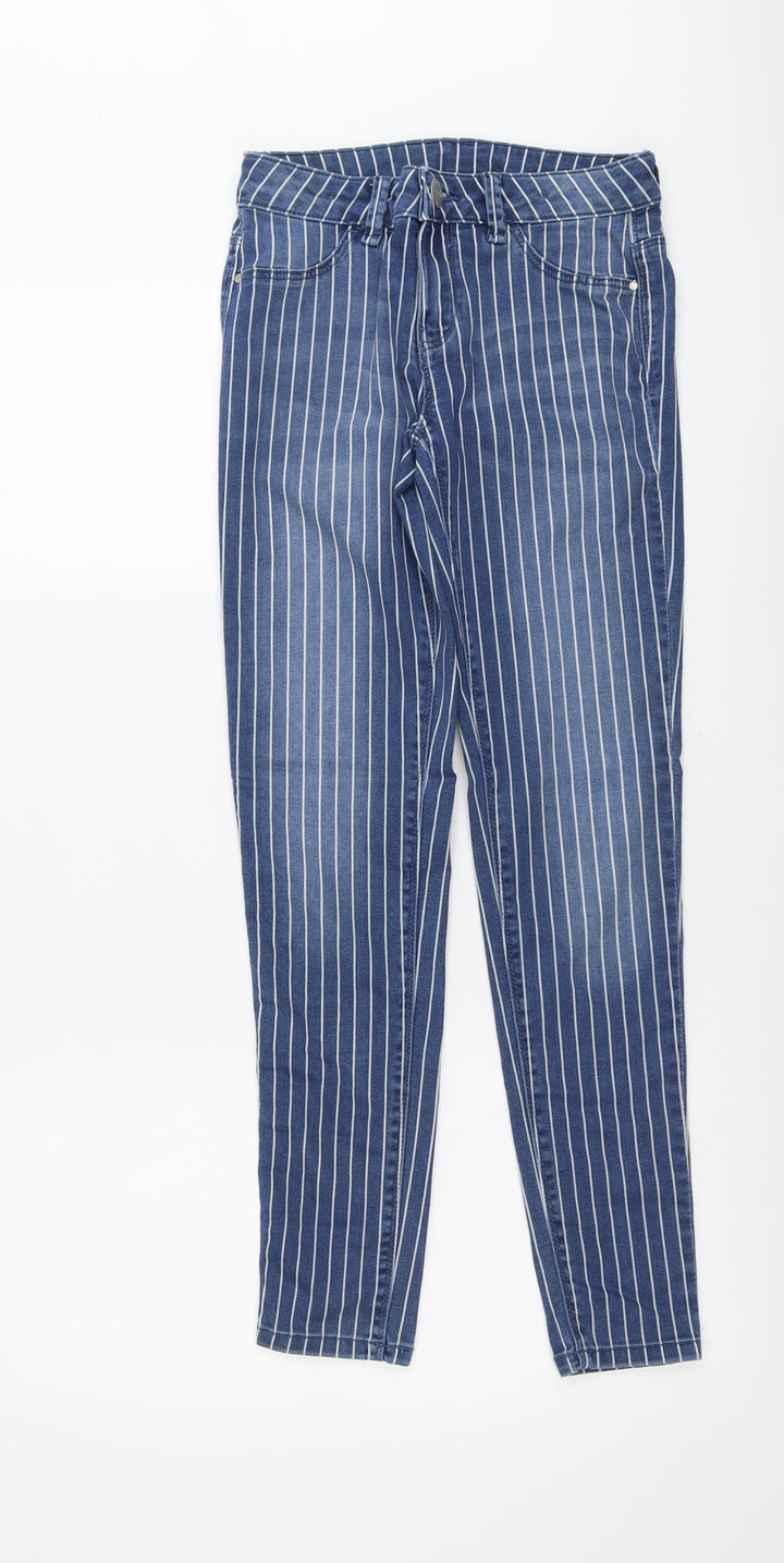 C&A Girls Blue Striped Cotton Skinny Jeans Size 14 Years Regular Button