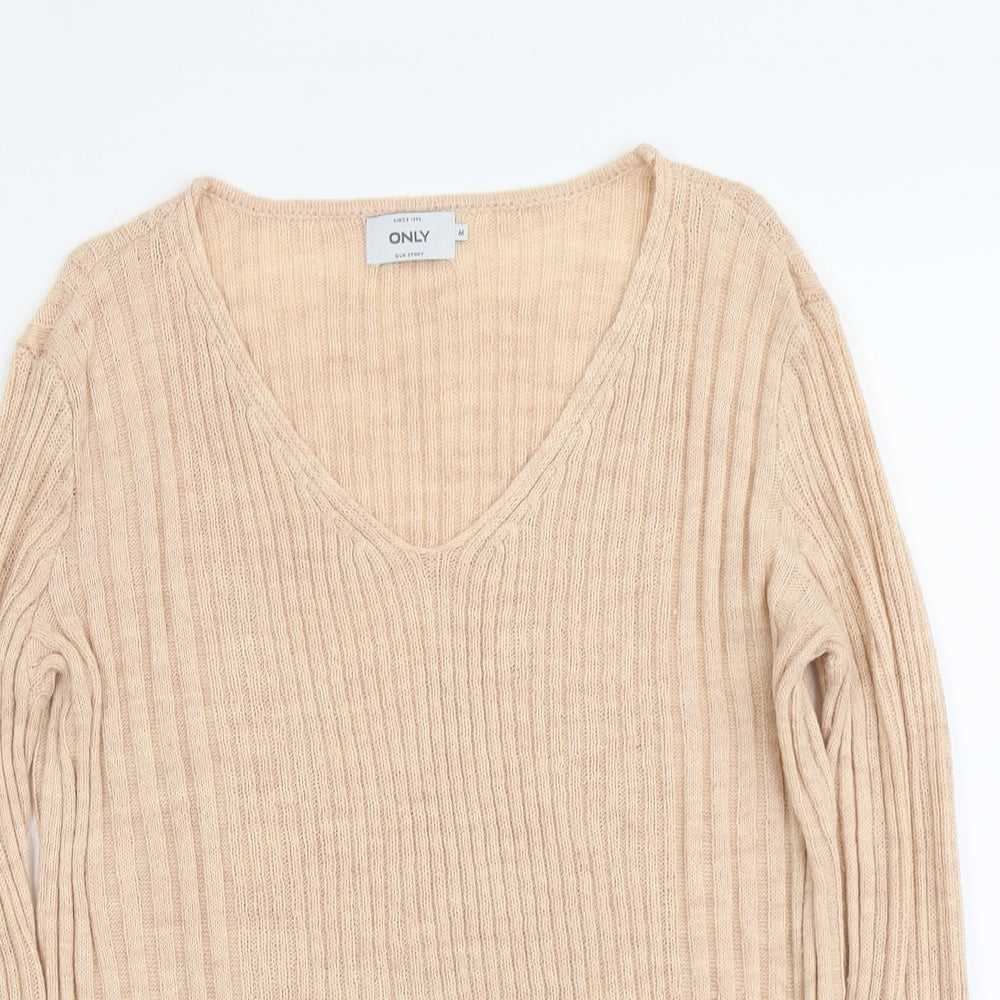 Only Womens Pink V-Neck Acrylic Pullover Jumper Size M