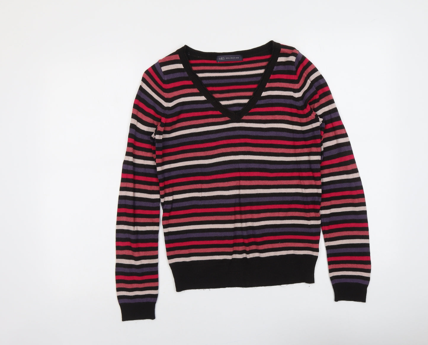 Marks and Spencer Womens Multicoloured V-Neck Striped Acrylic Pullover Jumper Size 8