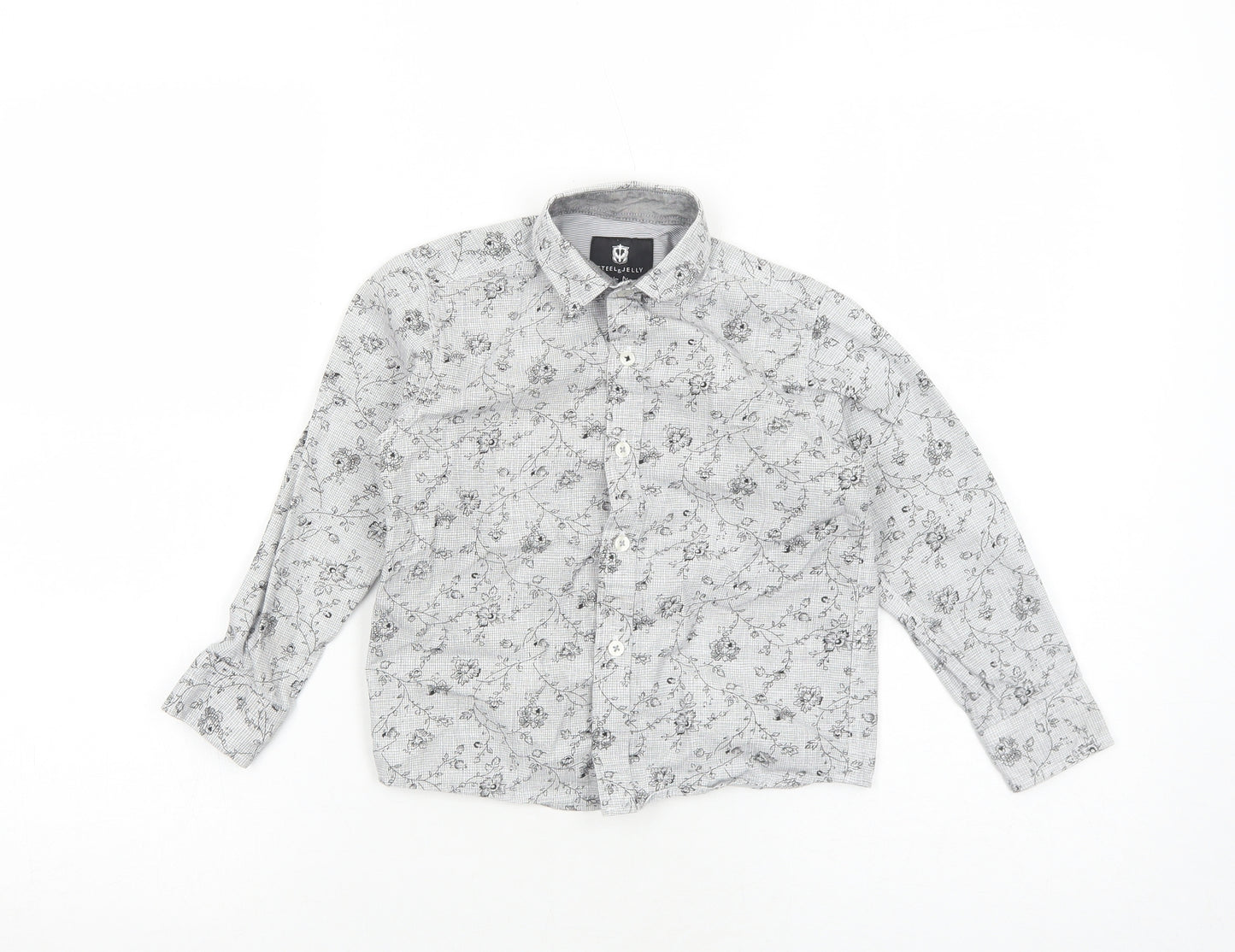 Steel & Jelly Boys Grey Floral Cotton Basic Button-Up Size 5-6 Years Collared Button