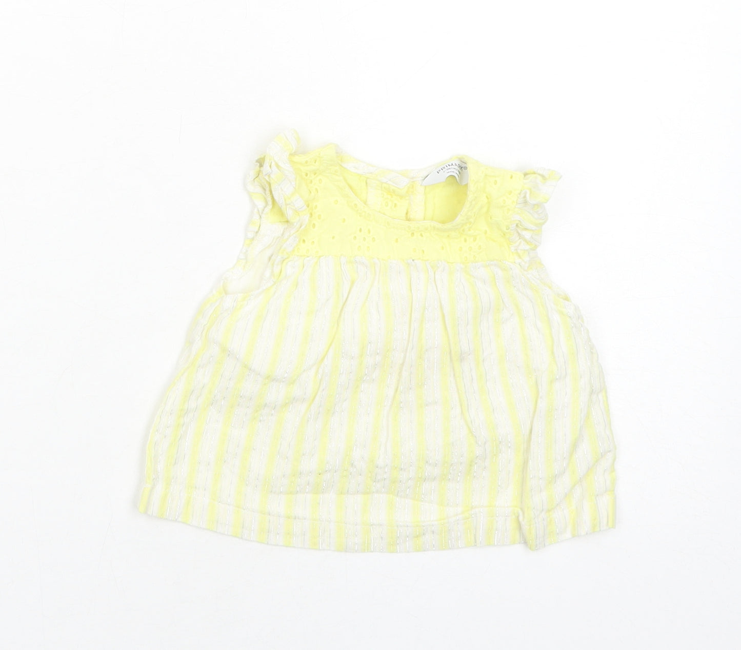 Primark Girls Yellow Striped Cotton Basic Blouse Size 6-9 Months Round Neck Button - Broderie Anglaise