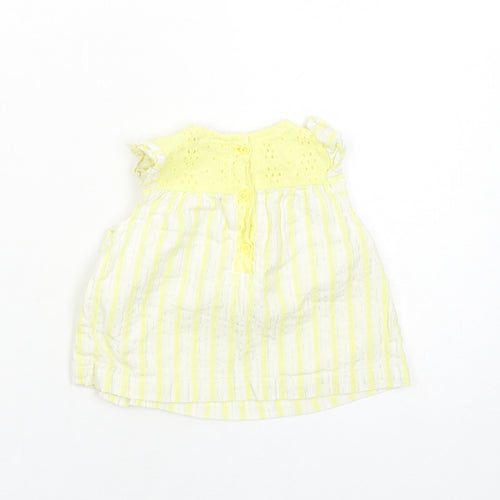 Primark Girls Yellow Striped Cotton Basic Blouse Size 6-9 Months Round Neck Button - Broderie Anglaise