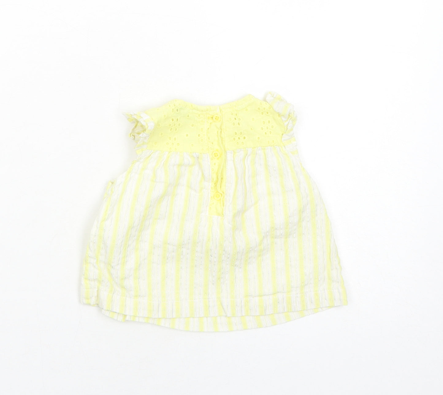 Primark Girls Yellow Striped Cotton Basic Blouse Size 6-9 Months Round Neck Button - Broderie Anglaise
