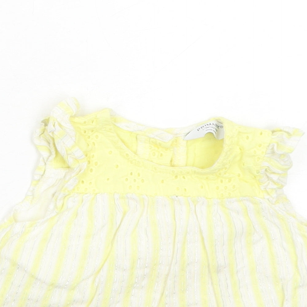 Primark Girls Yellow Striped Cotton Basic Blouse Size 6-9 Months Round Neck Button - Broderie Anglaise