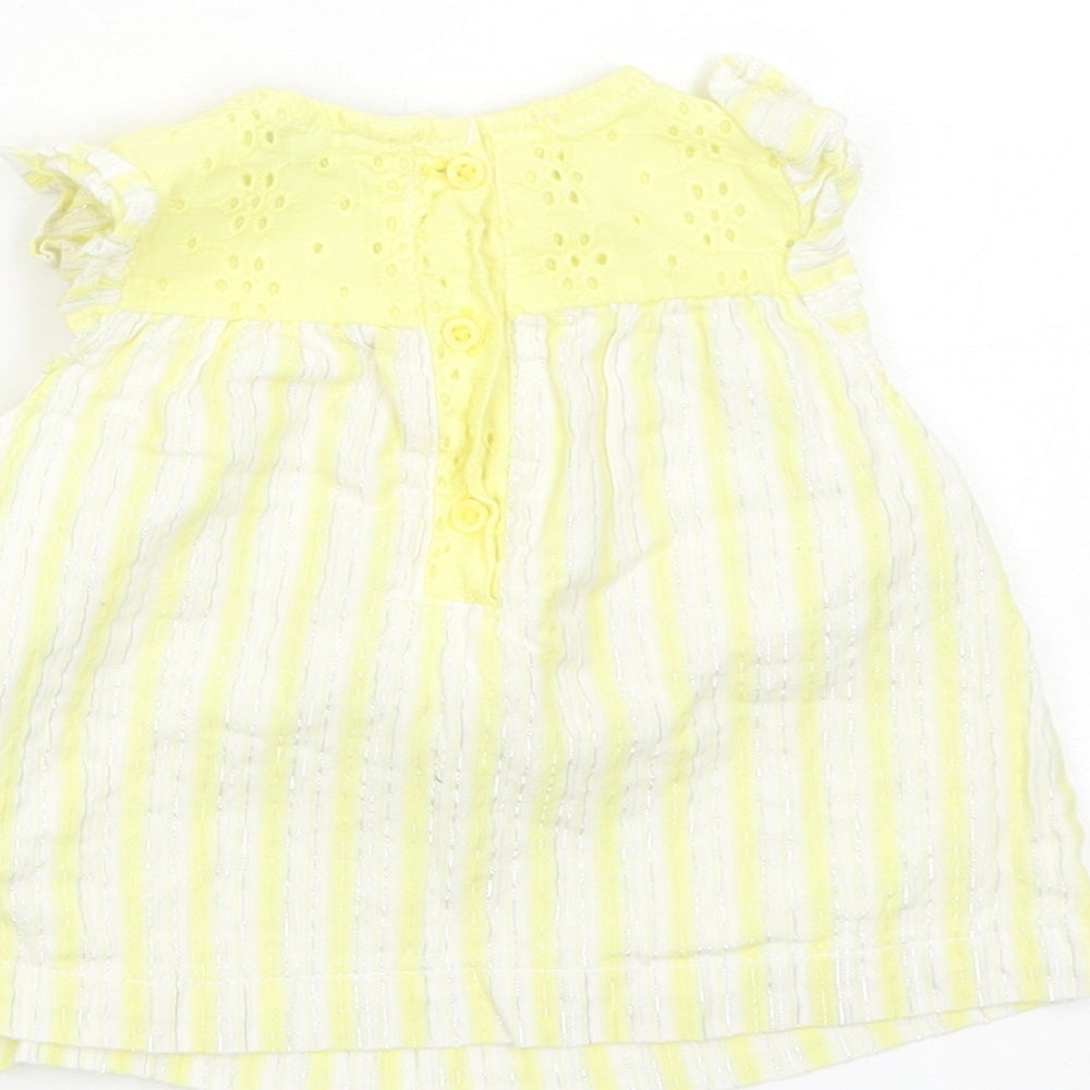 Primark Girls Yellow Striped Cotton Basic Blouse Size 6-9 Months Round Neck Button - Broderie Anglaise