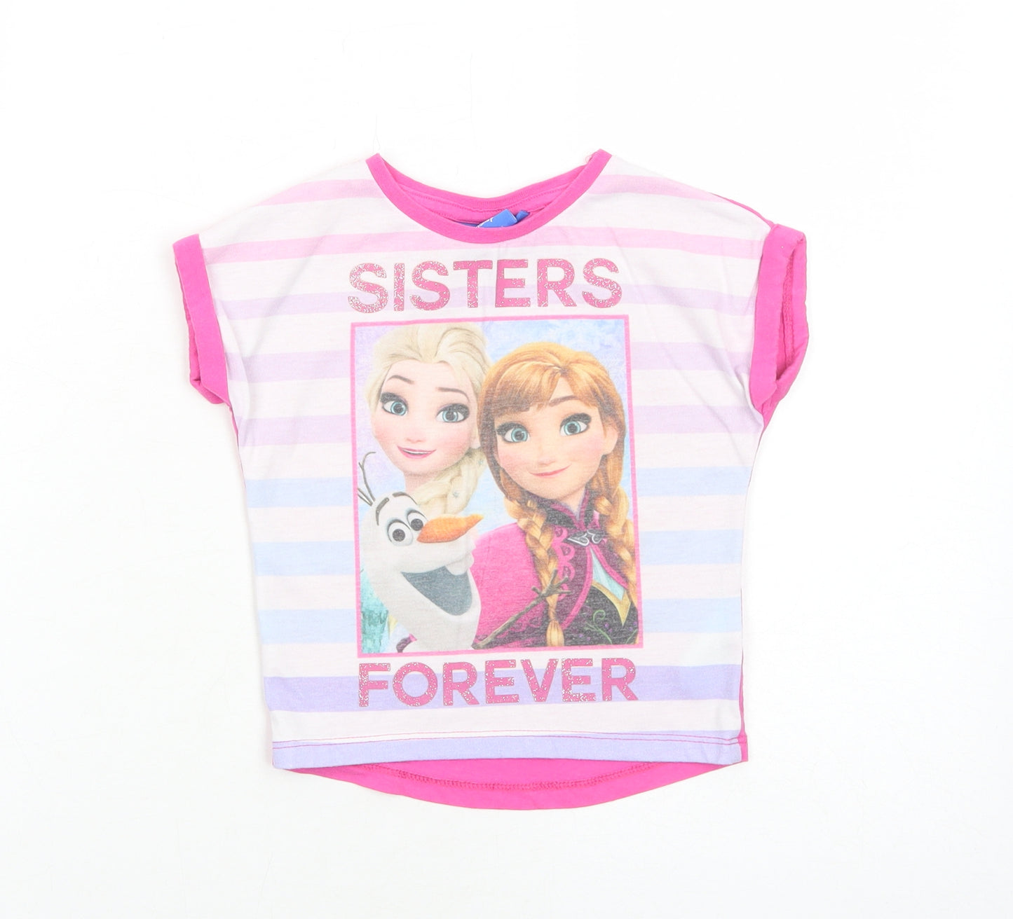 Young Dimension Girls Pink Striped Polyester Basic T-Shirt Size 18-24 Months Round Neck Pullover - Frozen