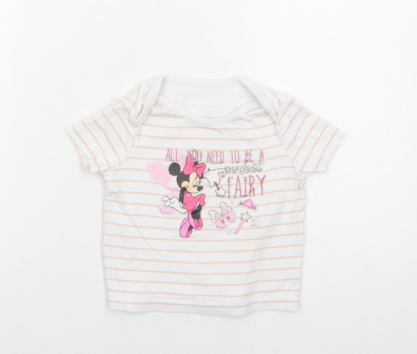 F&F Girls White Striped Cotton Basic T-Shirt Size 2-3 Years Round Neck Pullover - Minnie Mouse