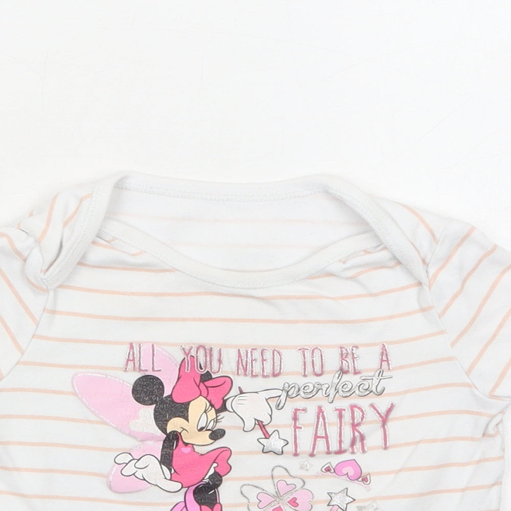 F&F Girls White Striped Cotton Basic T-Shirt Size 2-3 Years Round Neck Pullover - Minnie Mouse