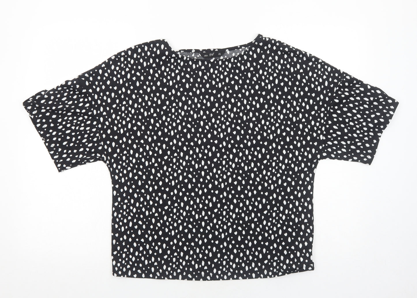 F&F Womens Black Animal Print Polyester Basic T-Shirt Size 12 Boat Neck - Cheetah Spot