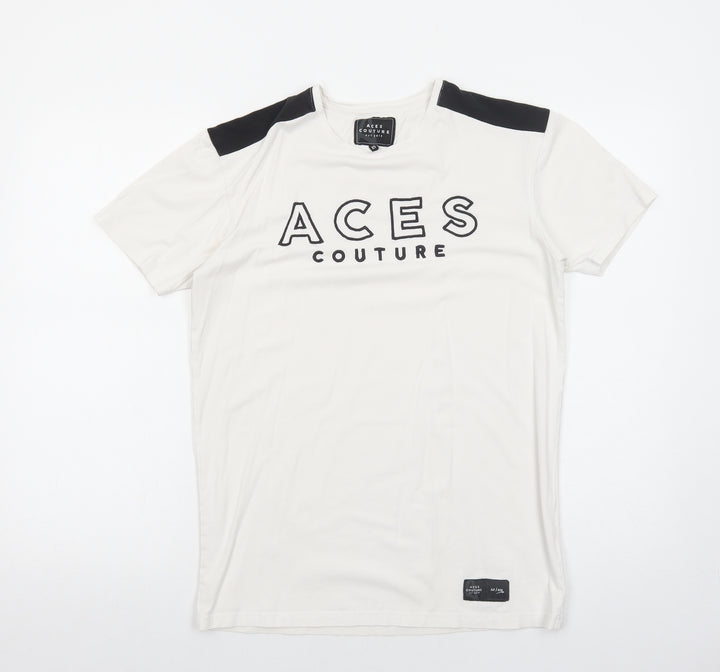 Ace Couture Mens White Cotton T-Shirt Size XS Round Neck