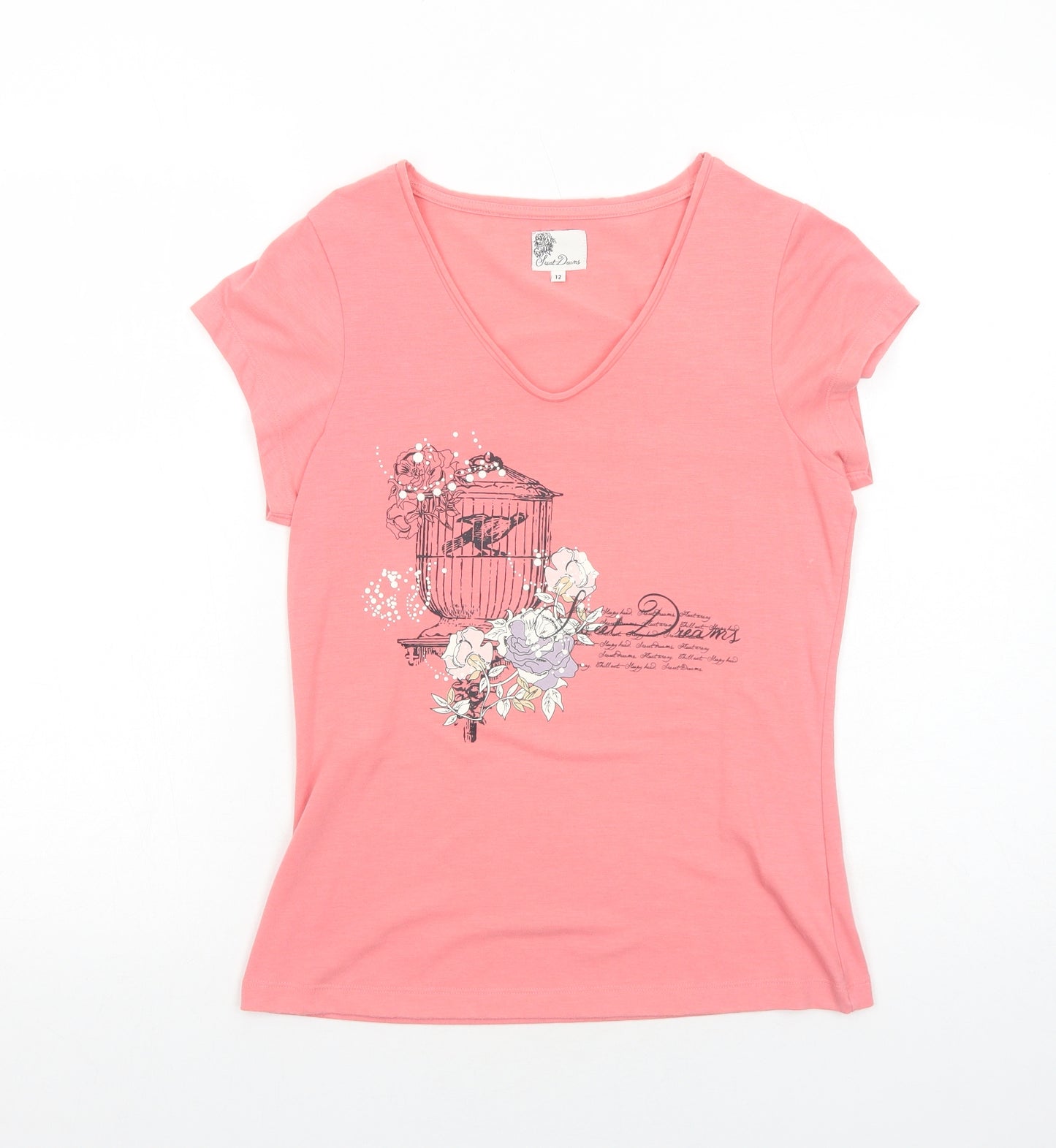 Sweet Dreams Womens Pink Polyester Basic T-Shirt Size 12 V-Neck