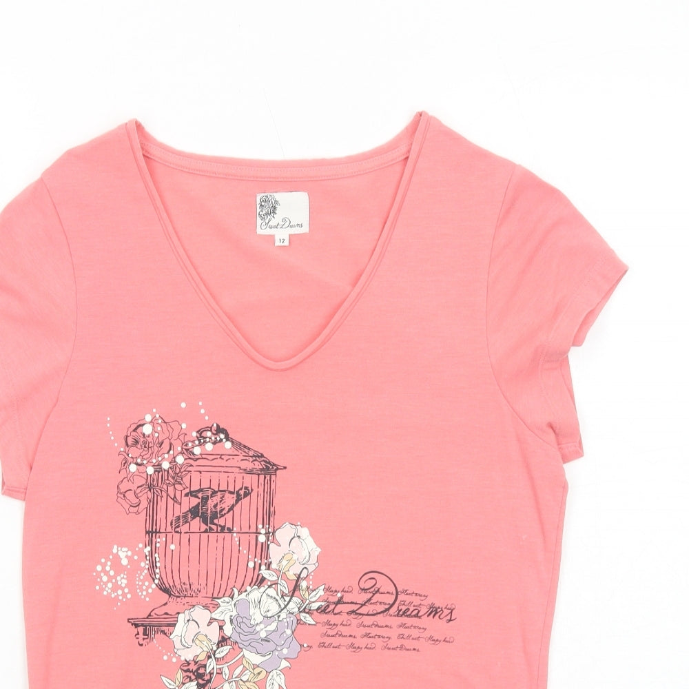 Sweet Dreams Womens Pink Polyester Basic T-Shirt Size 12 V-Neck