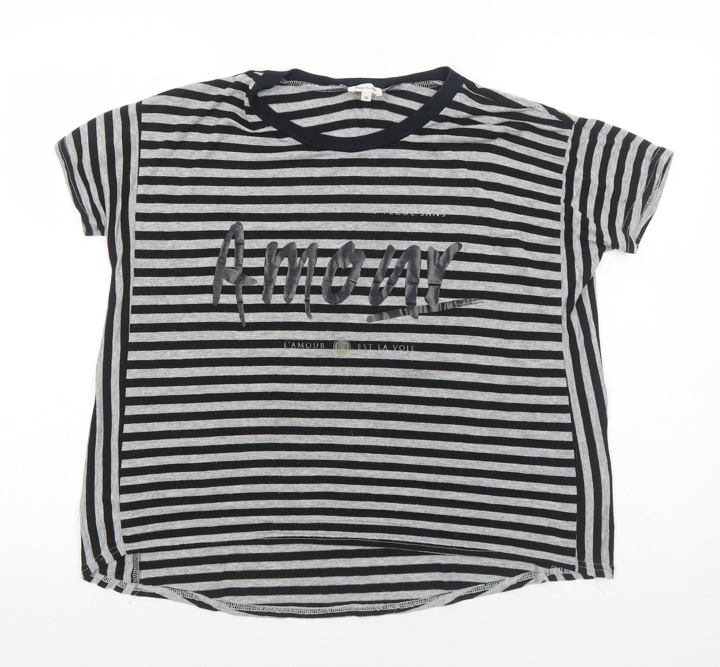 River Island Womens Grey Striped Viscose Basic T-Shirt Size 10 Round Neck - Amour