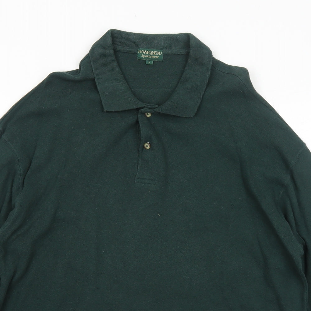 Hawkshead Mens Green Cotton Polo Size L Collared Button