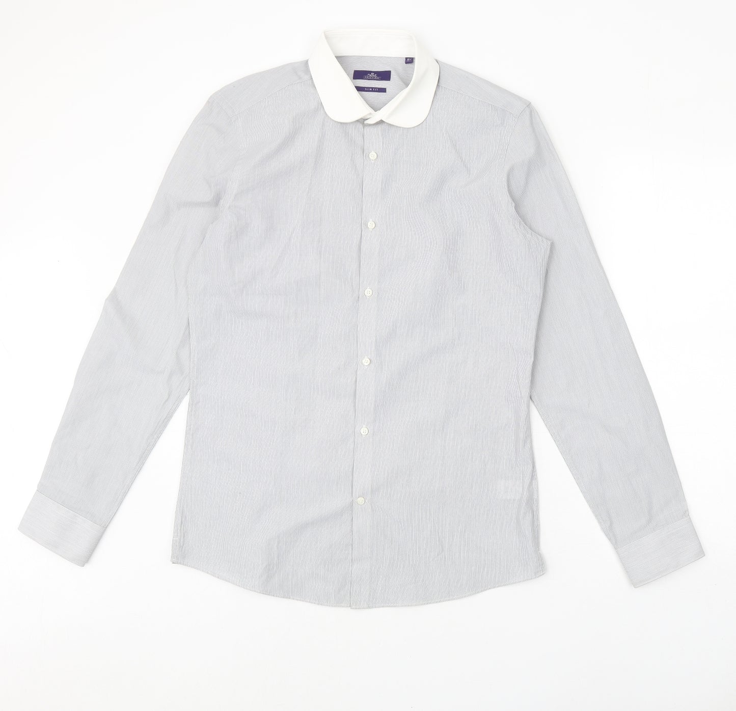NEXT Mens Grey Striped Polyester Dress Shirt Size 15.5 Collared Button