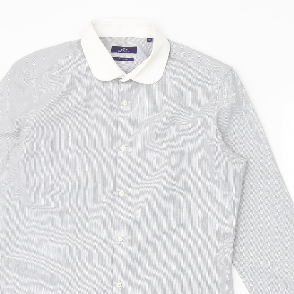 NEXT Mens Grey Striped Polyester Dress Shirt Size 15.5 Collared Button
