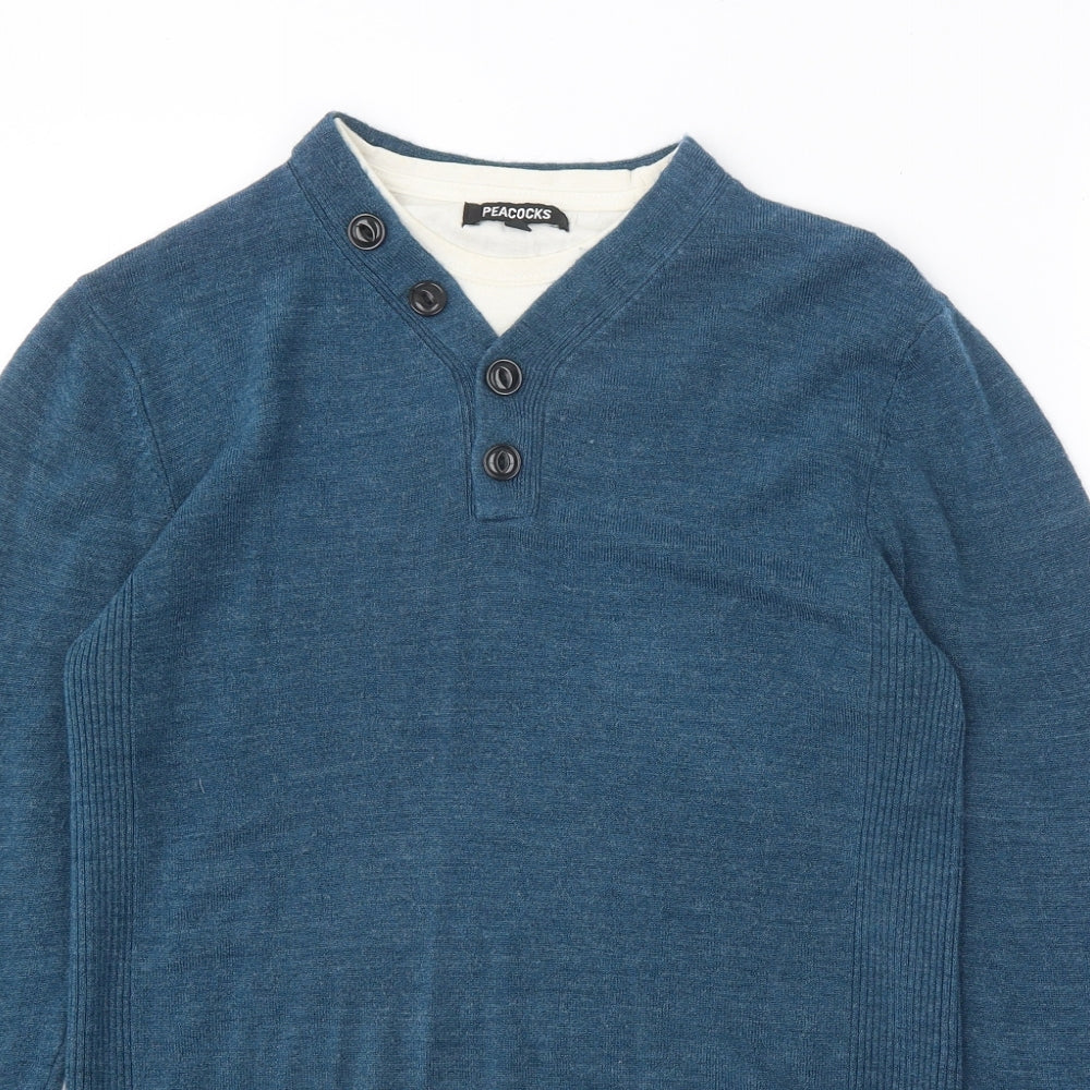 Peacocks Mens Blue V-Neck Acrylic Pullover Jumper Size S Long Sleeve