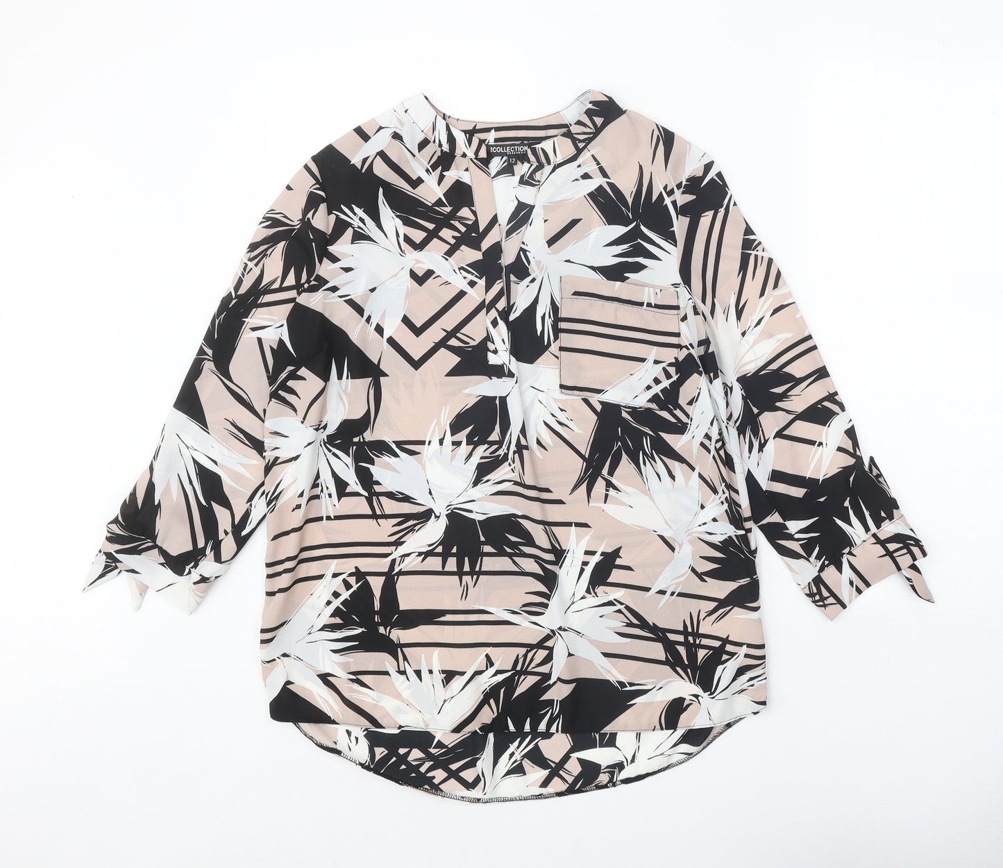 Debenhams Womens Beige Geometric Polyester Basic Blouse Size 12 V-Neck