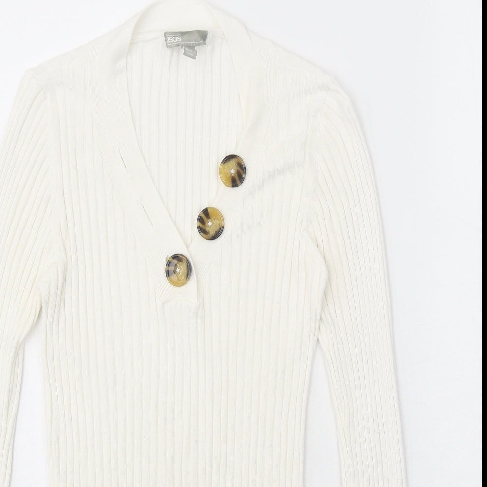 ASOS Womens White V-Neck Viscose Pullover Jumper Size 12 - Ribbed