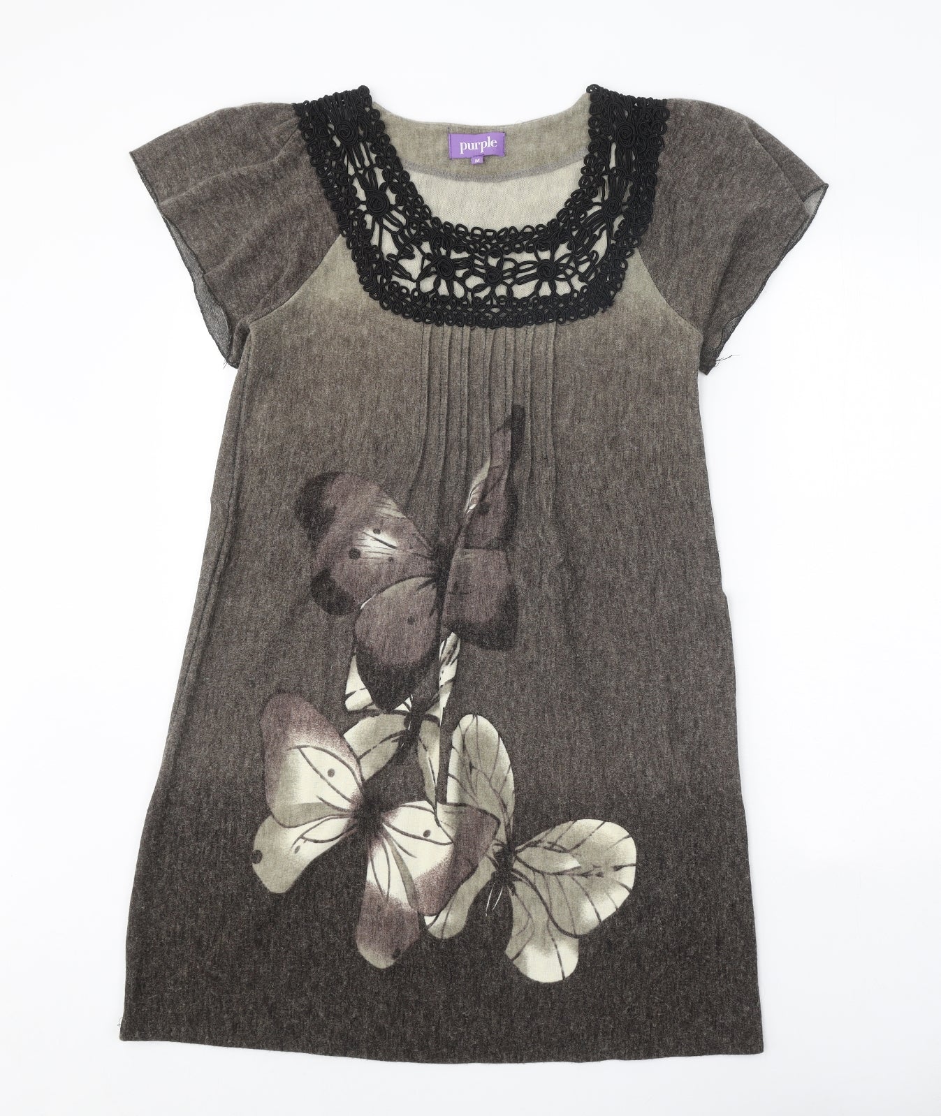 Purple Womens Brown Acrylic T-Shirt Dress Size M Square Neck Pullover - Butterfly