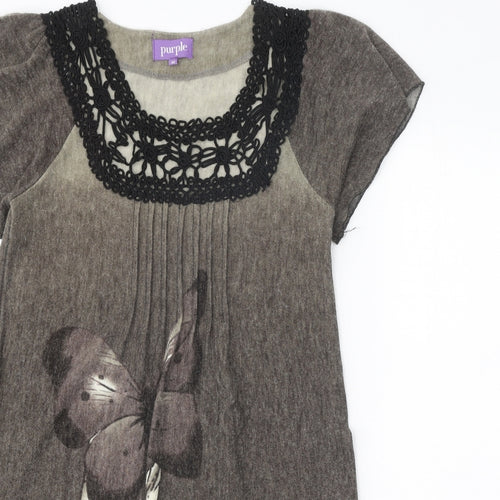 Purple Womens Brown Acrylic T-Shirt Dress Size M Square Neck Pullover - Butterfly