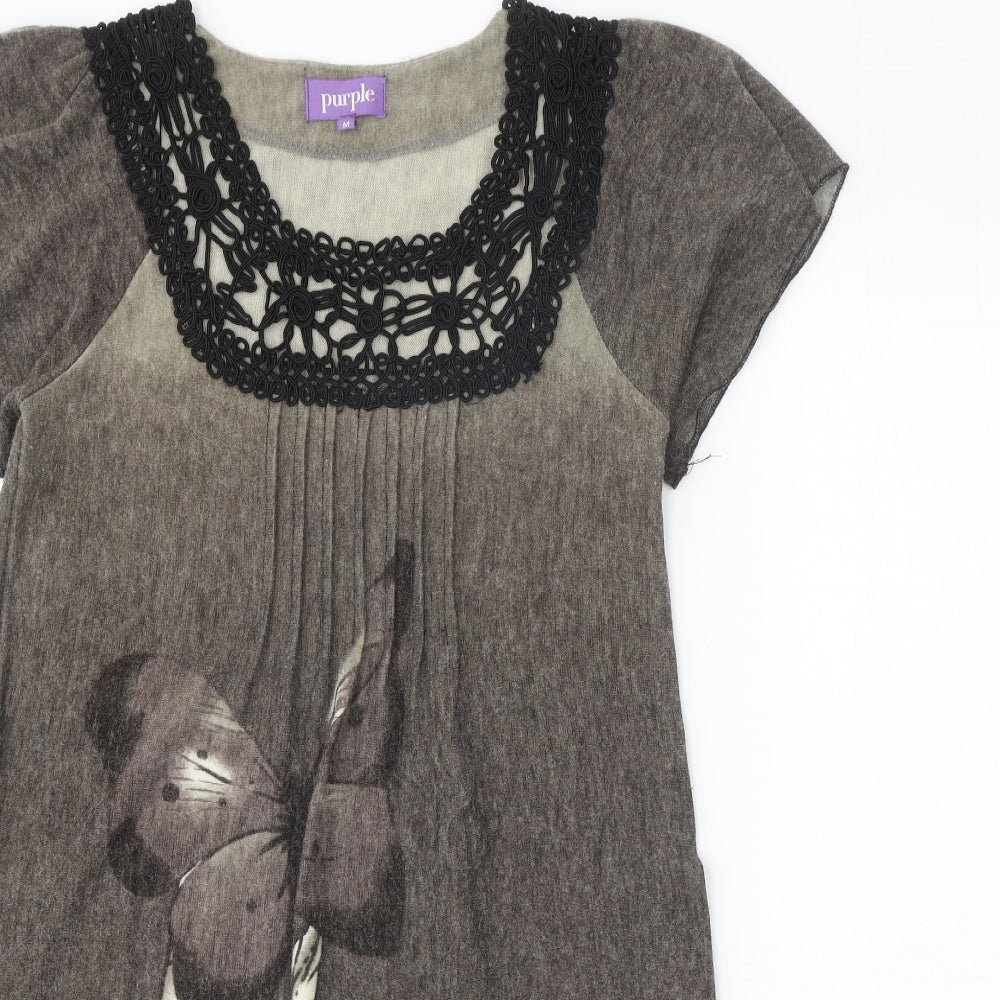 Purple Womens Brown Acrylic T-Shirt Dress Size M Square Neck Pullover - Butterfly