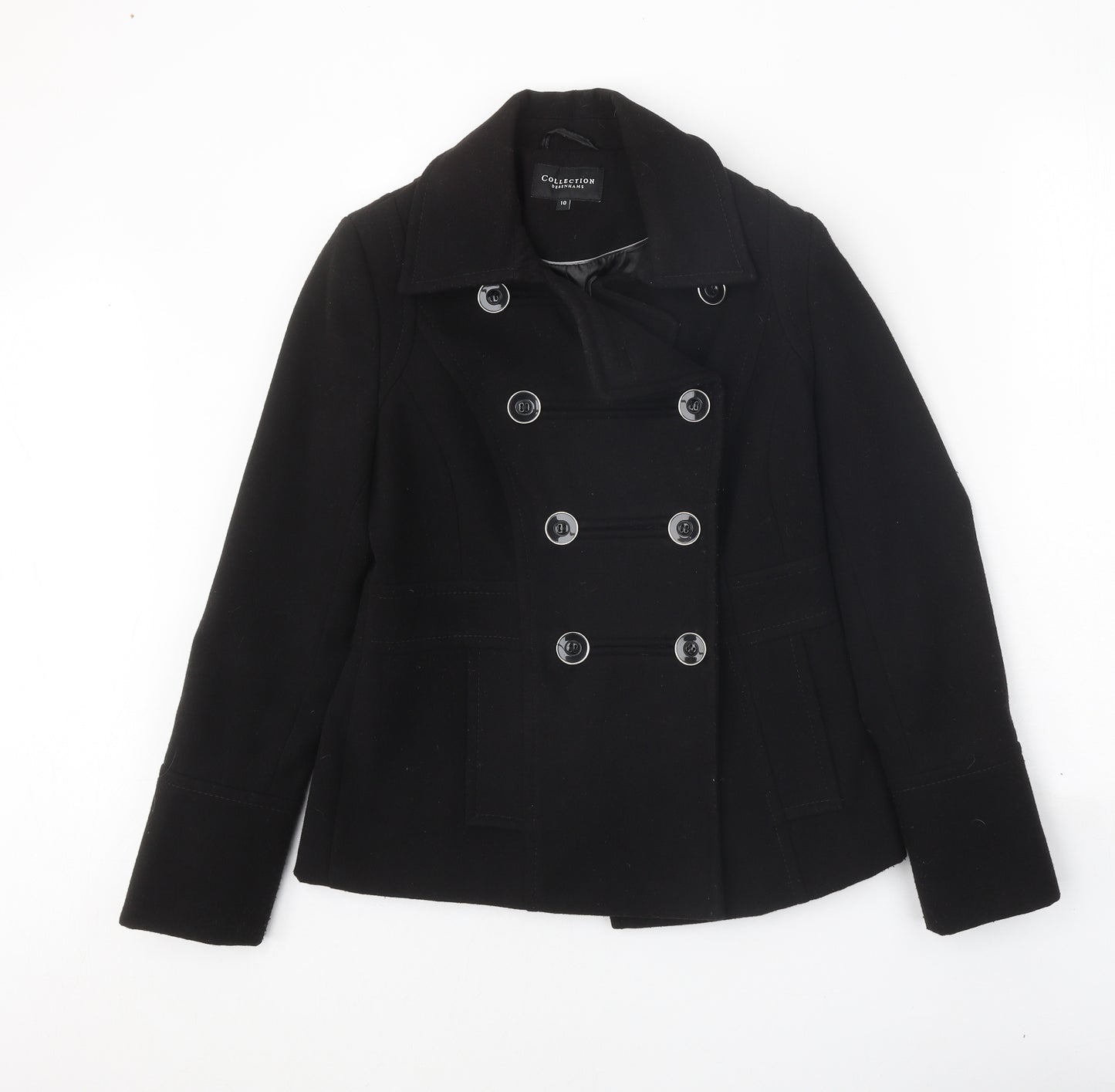 Debenhams Womens Black Pea Coat Coat Size 10 Button