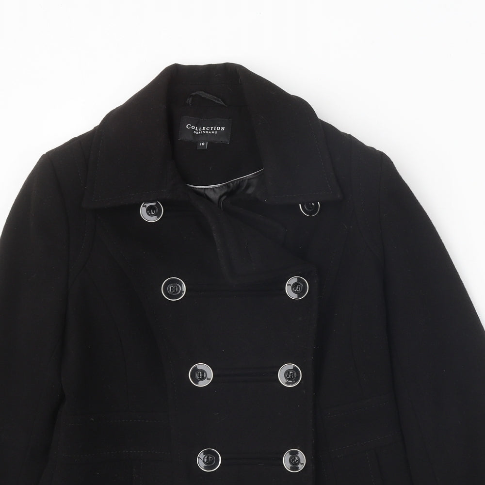 Debenhams Womens Black Pea Coat Coat Size 10 Button