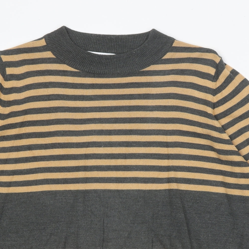 Classic Womens Beige Round Neck Striped Acrylic Pullover Jumper Size 18
