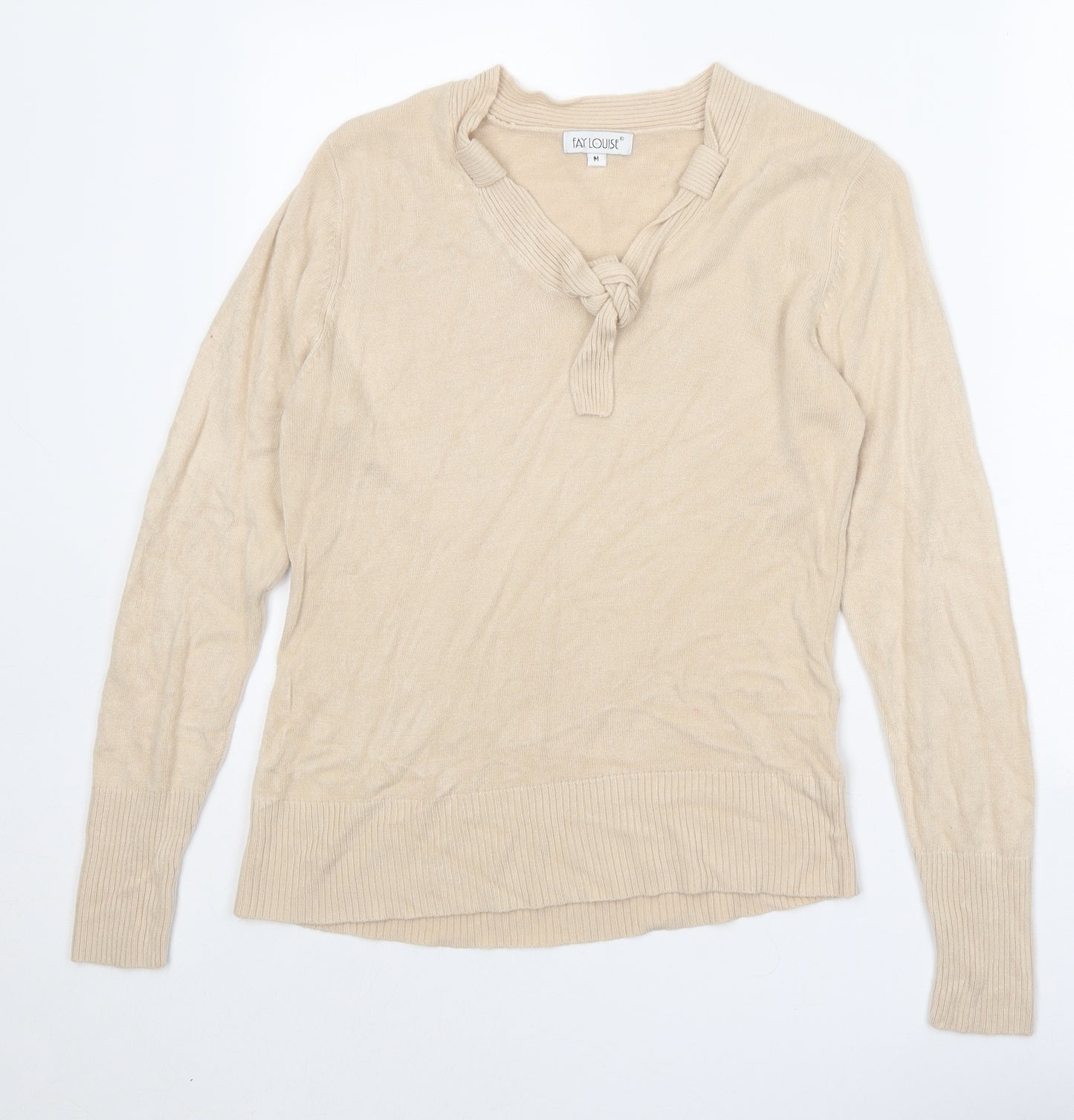 Fay Louise Womens Beige V-Neck Acrylic Pullover Jumper Size M