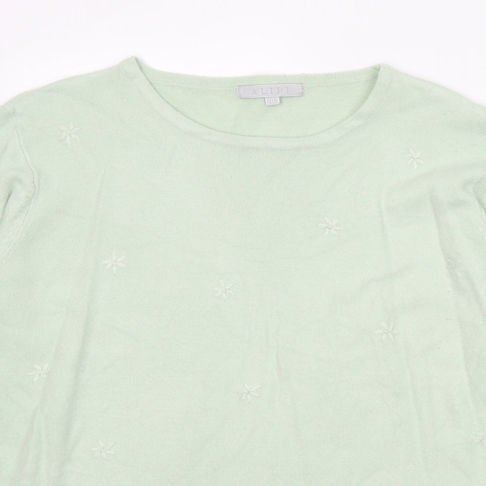 ALIBI Womens Green Round Neck Floral Acrylic Pullover Jumper Size 14