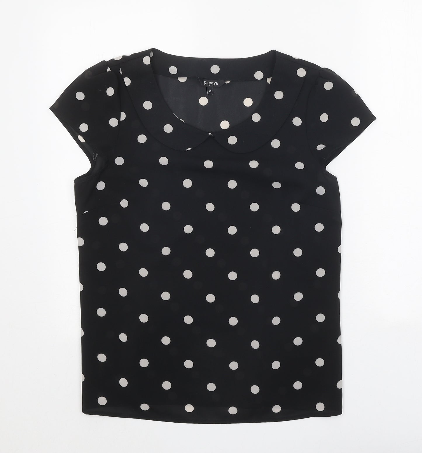Papaya Womens Black Polka Dot Polyester Basic Blouse Size 12 Collared