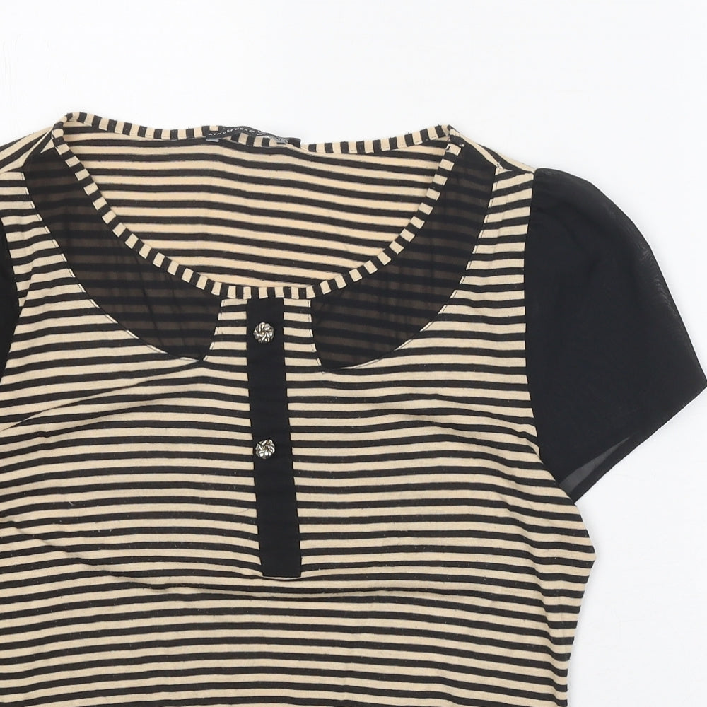 Atmosphere Womens Black Striped Polyester Basic Blouse Size 10 Boat Neck - Sheer Sleeves