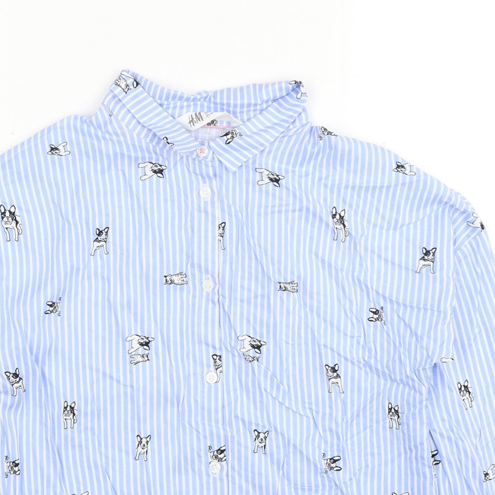 H&M Girls Blue Striped Viscose Basic Button-Up Size 9-10 Years Collared Button - Age 9-11 Years, Dogs