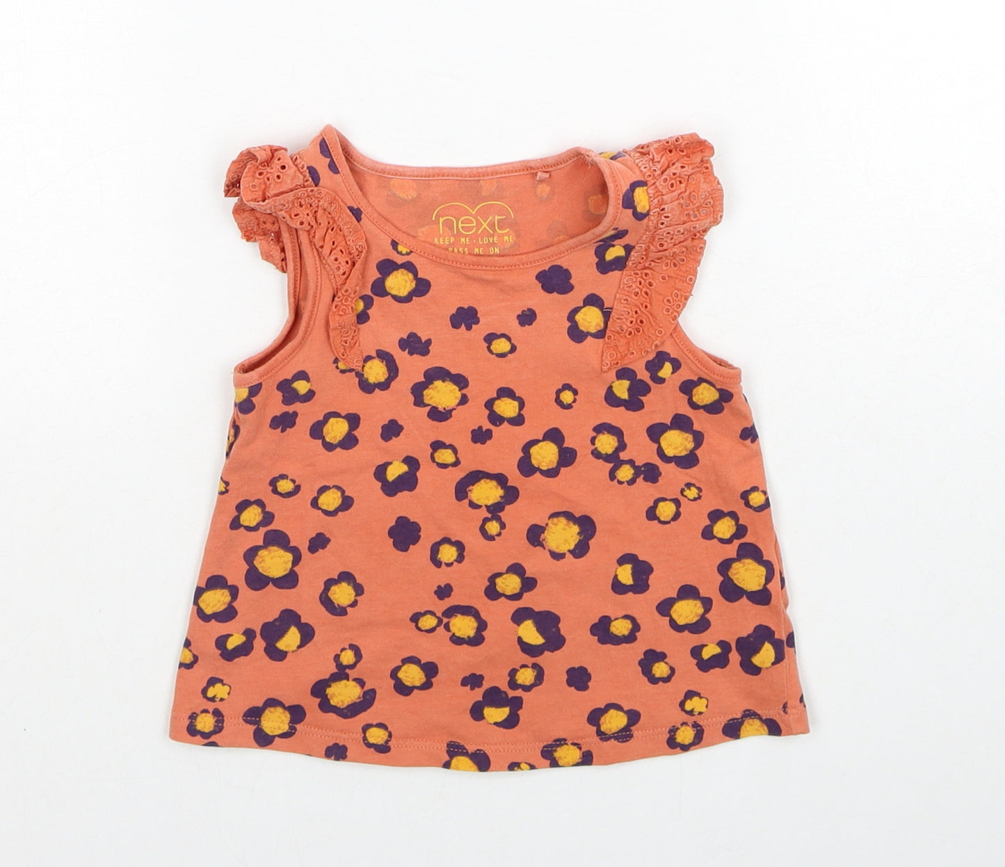 NEXT Girls Orange Floral Cotton Basic Tank Size 12-18 Months Round Neck Pullover