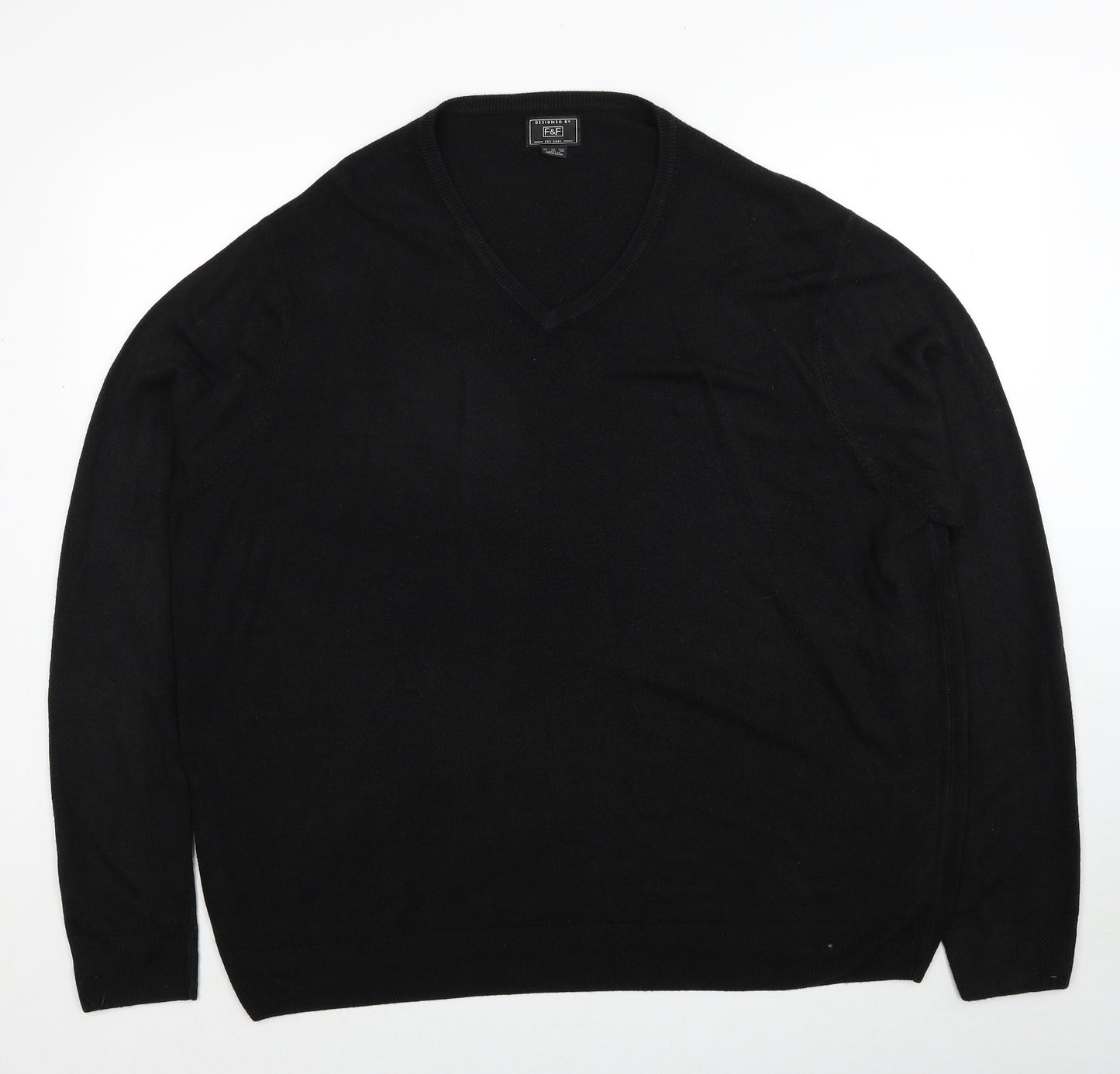 F&F Mens Black V-Neck Acrylic Pullover Jumper Size 3XL Long Sleeve