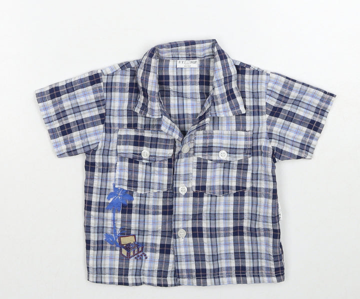 Stomp Boys Blue Plaid Cotton Basic Button-Up Size 6-9 Months Collared Button - Age 6-12 Months, Treasure Chest