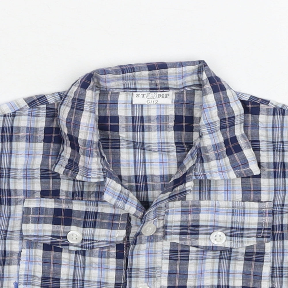 Stomp Boys Blue Plaid Cotton Basic Button-Up Size 6-9 Months Collared Button - Age 6-12 Months, Treasure Chest