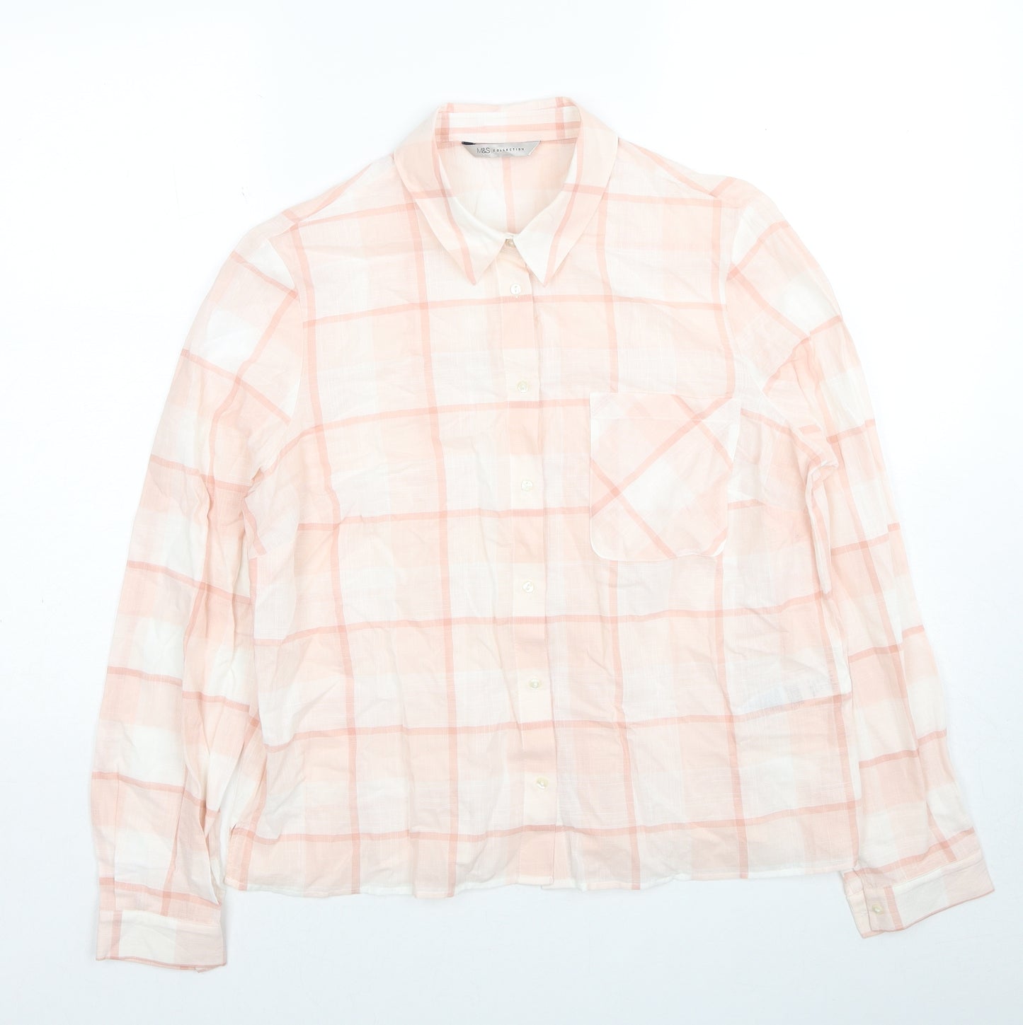 Marks and Spencer Womens Pink Plaid Cotton Basic Button-Up Size 14 Collared