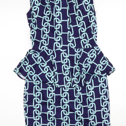 Closet Womens Blue Geometric Cotton Pencil Dress Size 8 Round Neck Zip