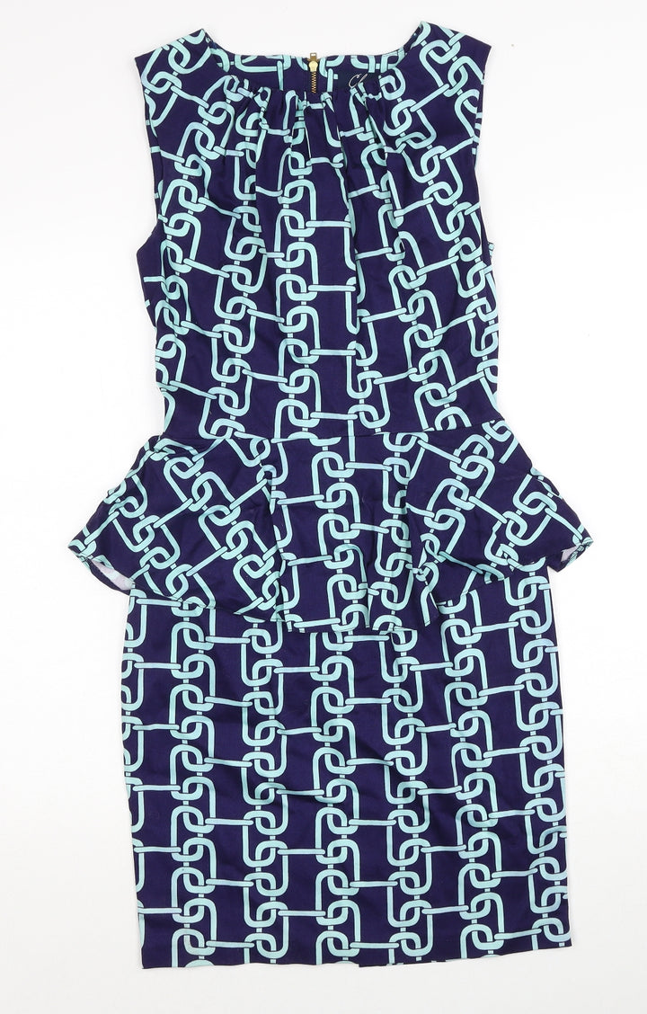 Closet Womens Blue Geometric Cotton Pencil Dress Size 8 Round Neck Zip
