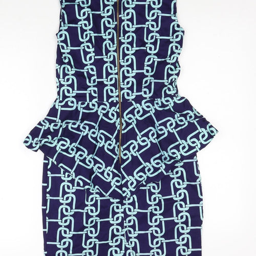 Closet Womens Blue Geometric Cotton Pencil Dress Size 8 Round Neck Zip