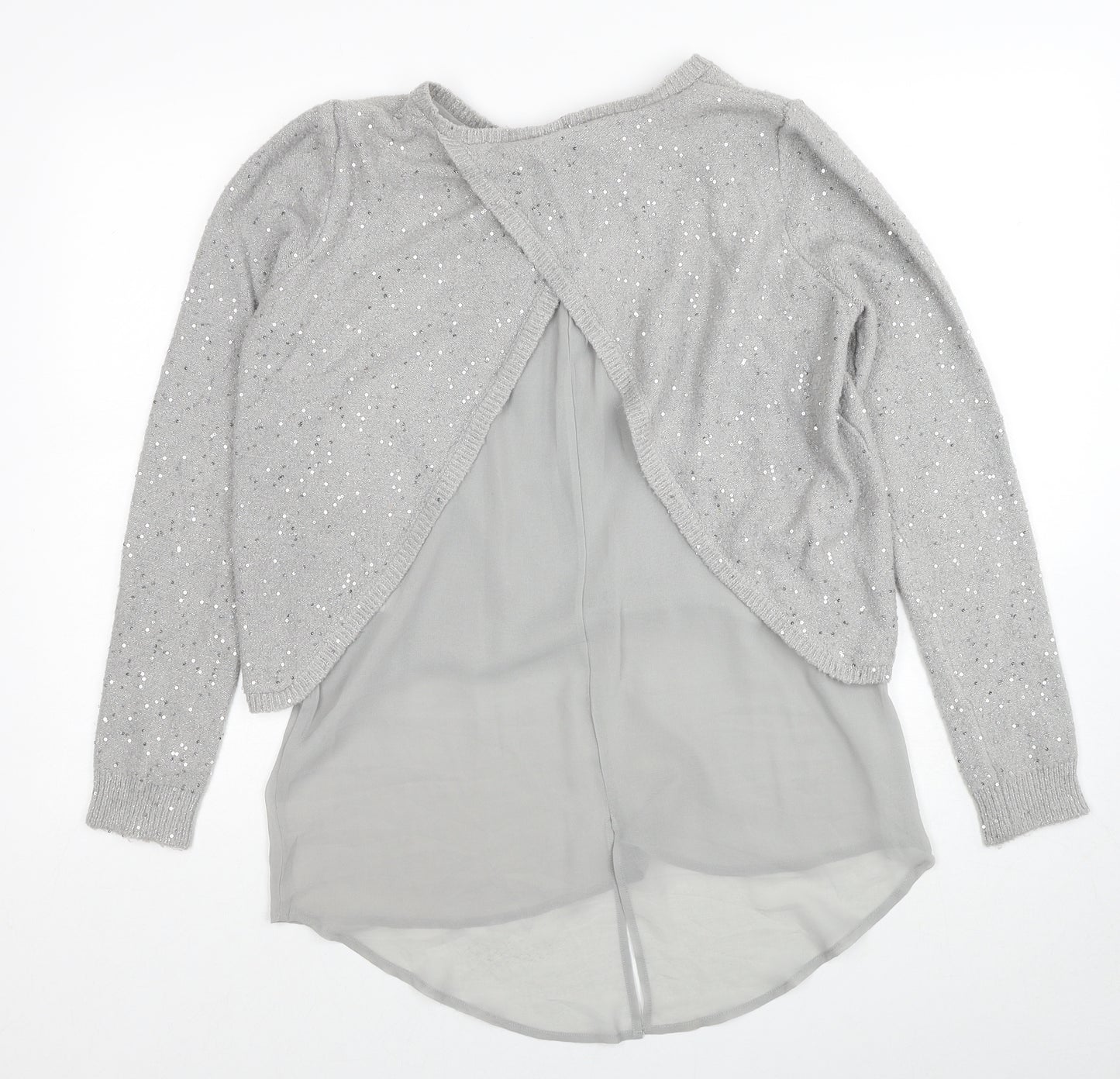 Oasis Womens Grey Round Neck Geometric Acrylic Pullover Jumper Size S