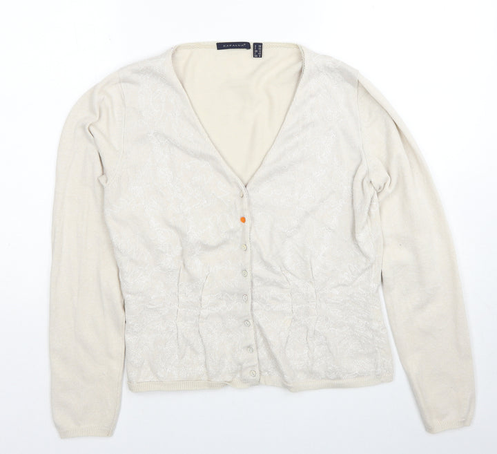 Kapalua Womens Beige V-Neck Geometric Linen Cardigan Jumper Size 12