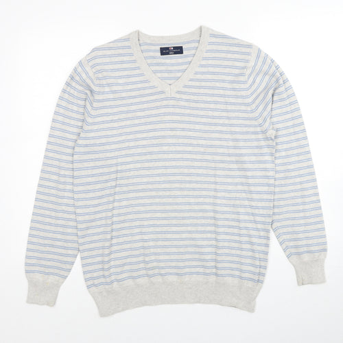 Marks and Spencer Mens Grey V-Neck Striped Cotton Pullover Jumper Size S Long Sleeve