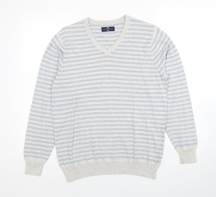 Marks and Spencer Mens Grey V-Neck Striped Cotton Pullover Jumper Size S Long Sleeve