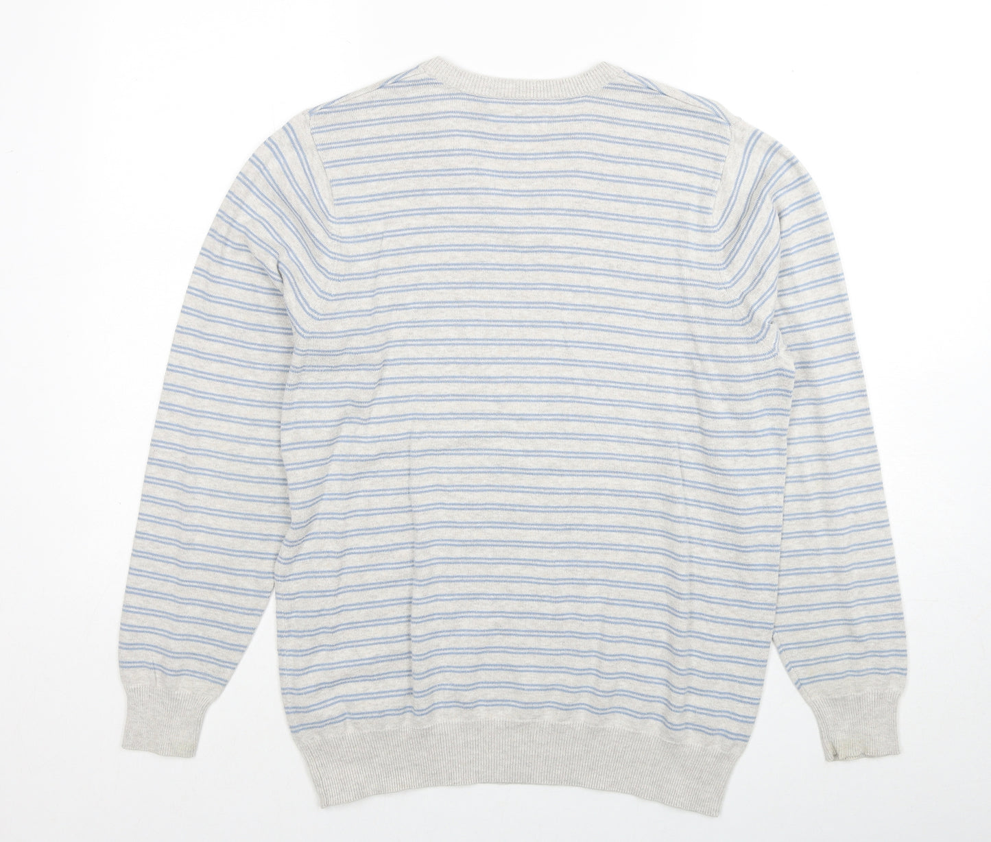 Marks and Spencer Mens Grey V-Neck Striped Cotton Pullover Jumper Size S Long Sleeve