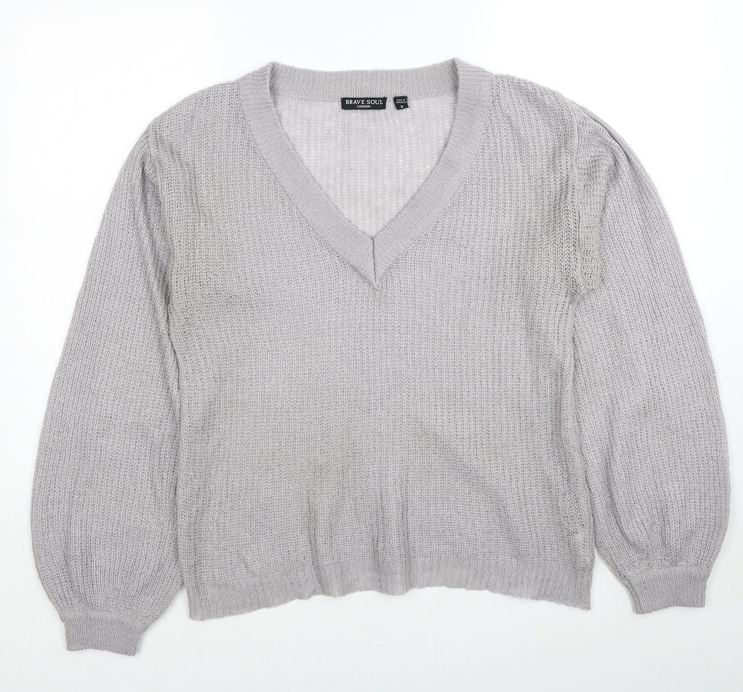 Brave Soul Womens Grey V-Neck Acrylic Pullover Jumper Size S
